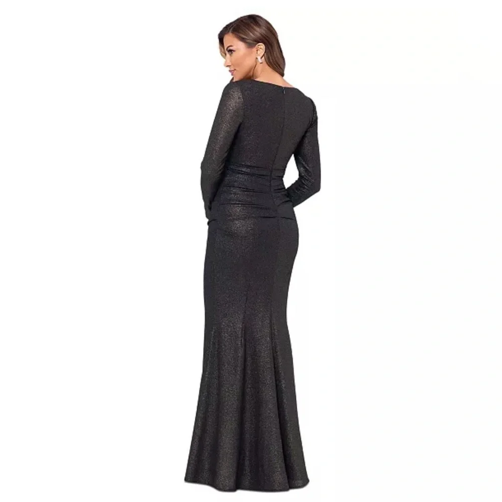 XSCAPE Women's Ruched Foil-Knit Long-Sleeve Formal Gown Black/Gold 10 New